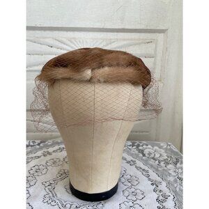 Vintage 1950s Brown Mink Fur Hat With Satin Bow Netting